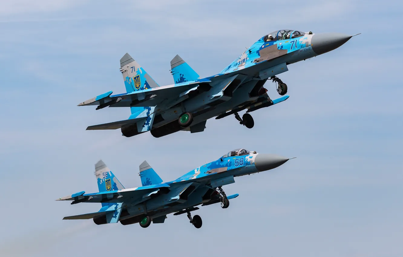 Фото обои пара, полёт, Су-27, Су-27УБ, ВВС Украины