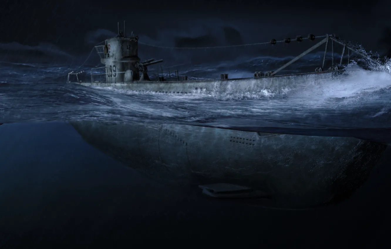 Фото обои ночь, океан, Арт, одна, подводная лодка, армии, submarine, самых