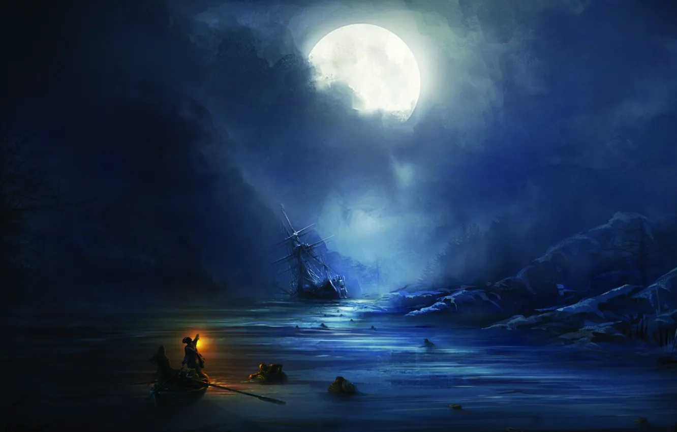 Фото обои moon, fantasy, game, sea, people, Assassin's Creed, moonlight, ship