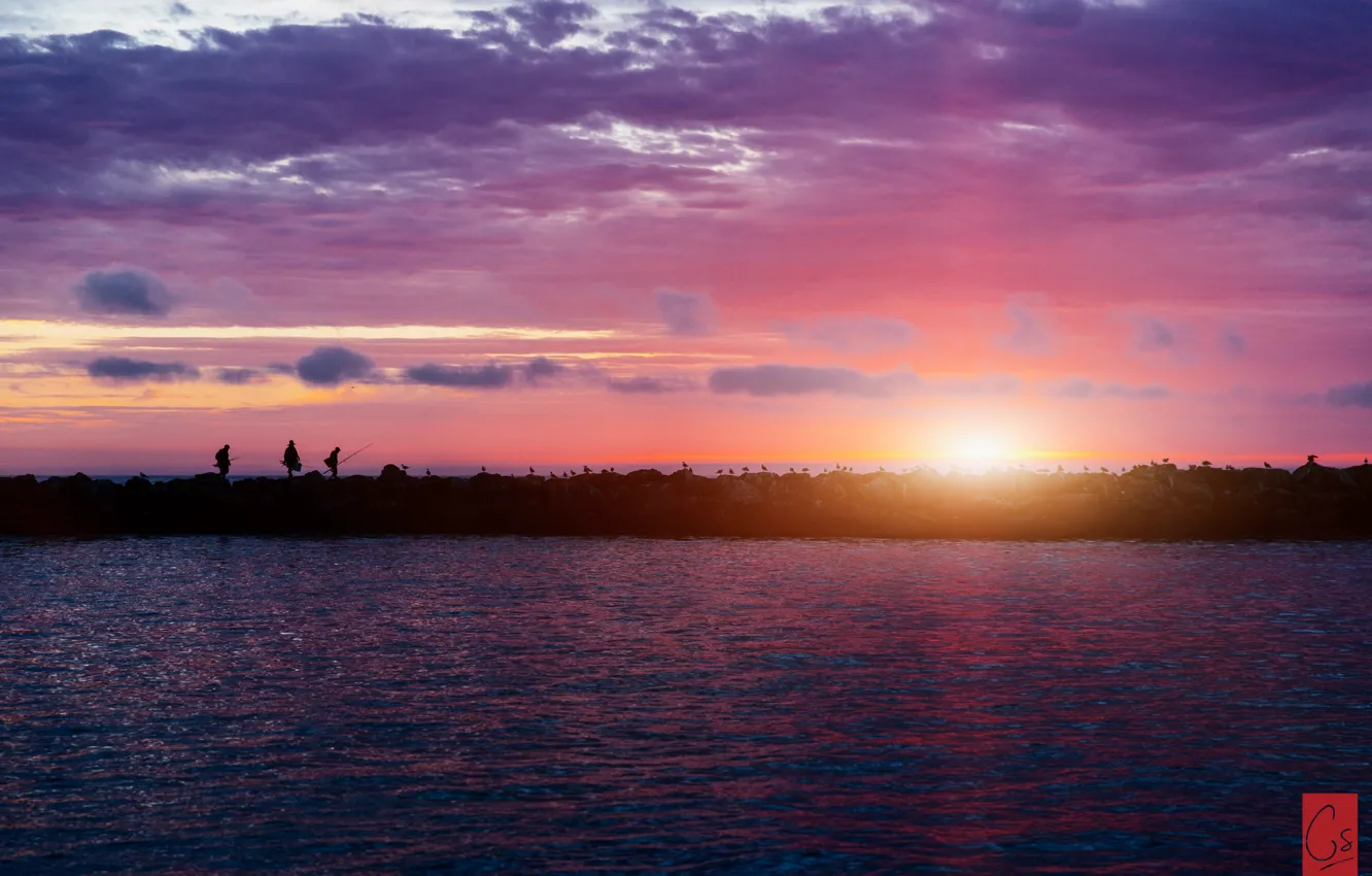 Фото обои вода, солнце, облака, рассвет, Калифорния, рыбаки, California
