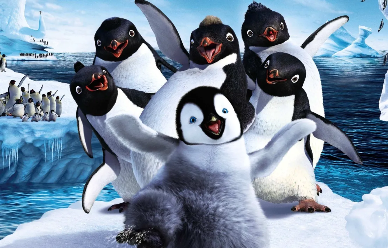Фото обои зима, снег, лёд, пингвин, Делай ноги, Мультфильм
