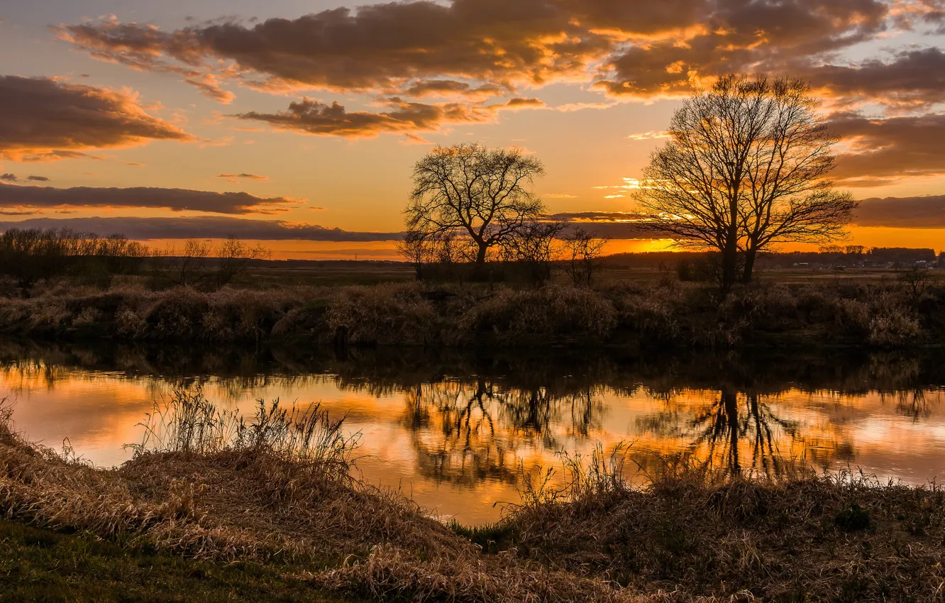 Фото обои осень, небо, деревья, закат, отражение, берег, вечер, водоем