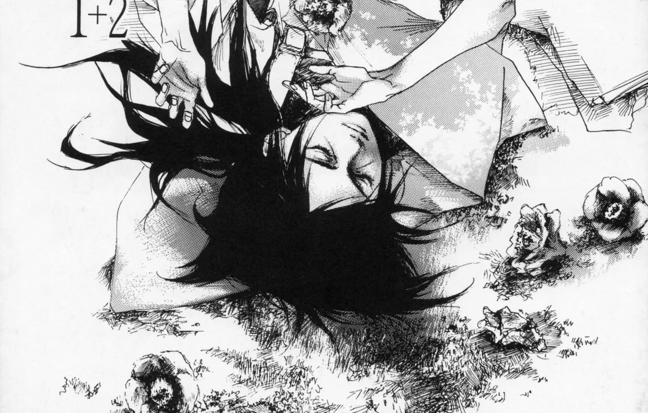 Фото обои рисунок, черно-белая, руки, кимоно, Itachi Uchiha, Naruto Shippuden, лежит на спине, камелии