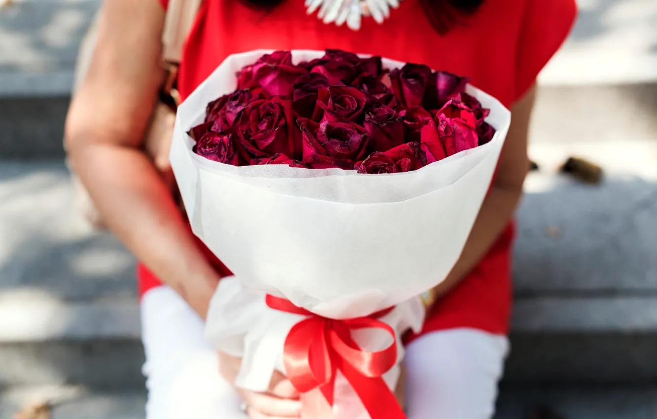 Фото обои розы, букет, бант
