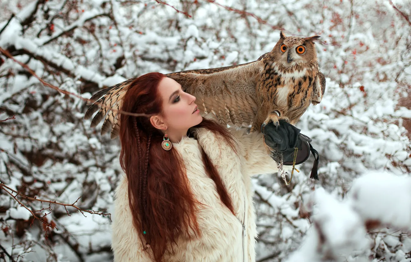 Фото обои зима, девушка, сова, косички, рыжая, филин