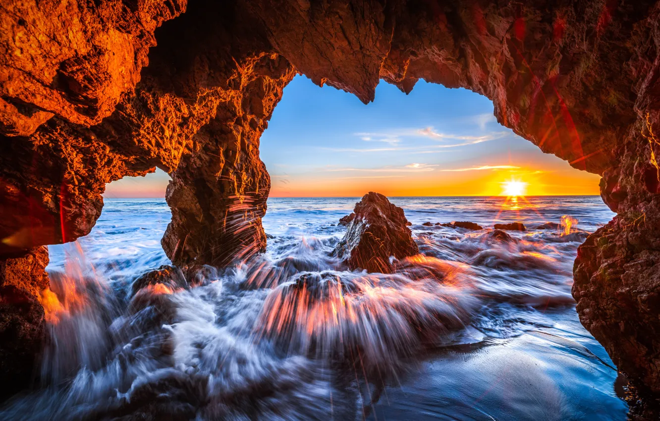 Фото обои закат, океан, скалы, Калифорния, прибой, Pacific Ocean, California, грот