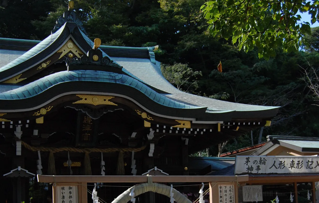 Фото обои Япония, иероглифы, храм, Japan, крыша дома