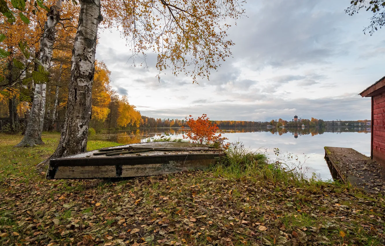 Фото обои осень, озеро, лодка, октябрь, Владимирская область, Andrey Gubanov, Введенское озеро