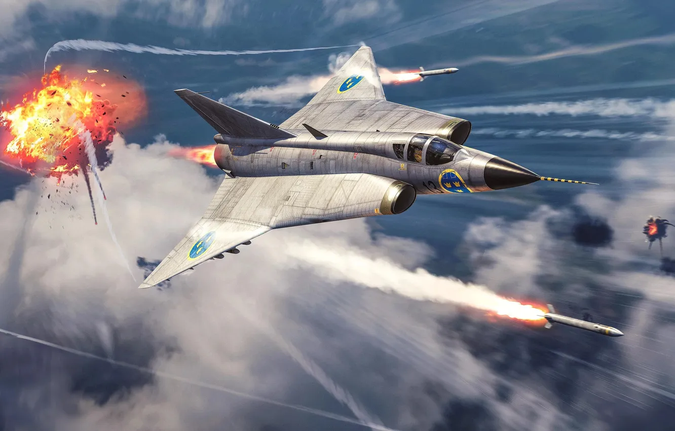 Фото обои Игра, Самолет, Истребитель, Взрыв, Ракеты, Пуск, Game, War Thunder