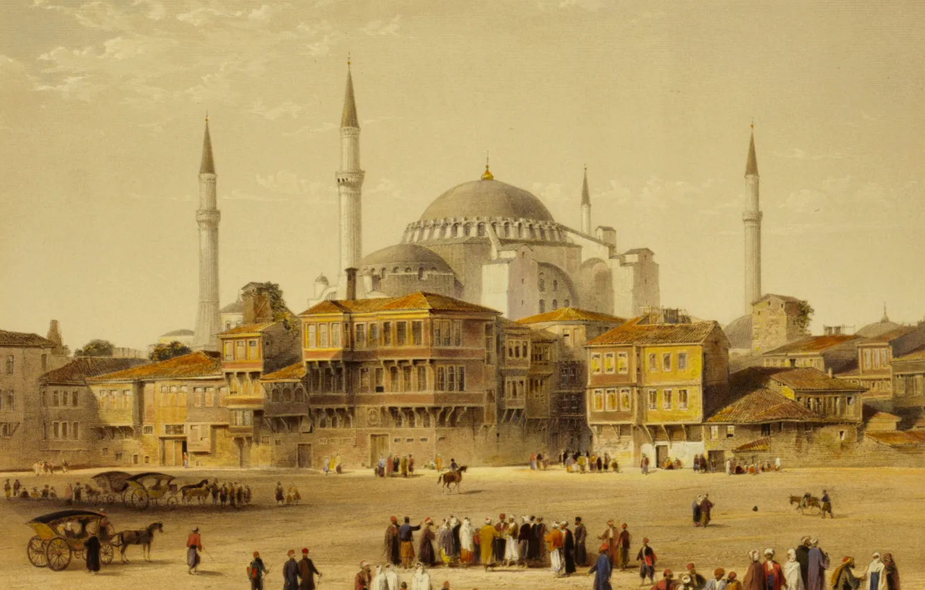 Фото обои город, картина, мечеть, Стамбул, Турция, минарет, Собор Святой Софии, Айия-Софья