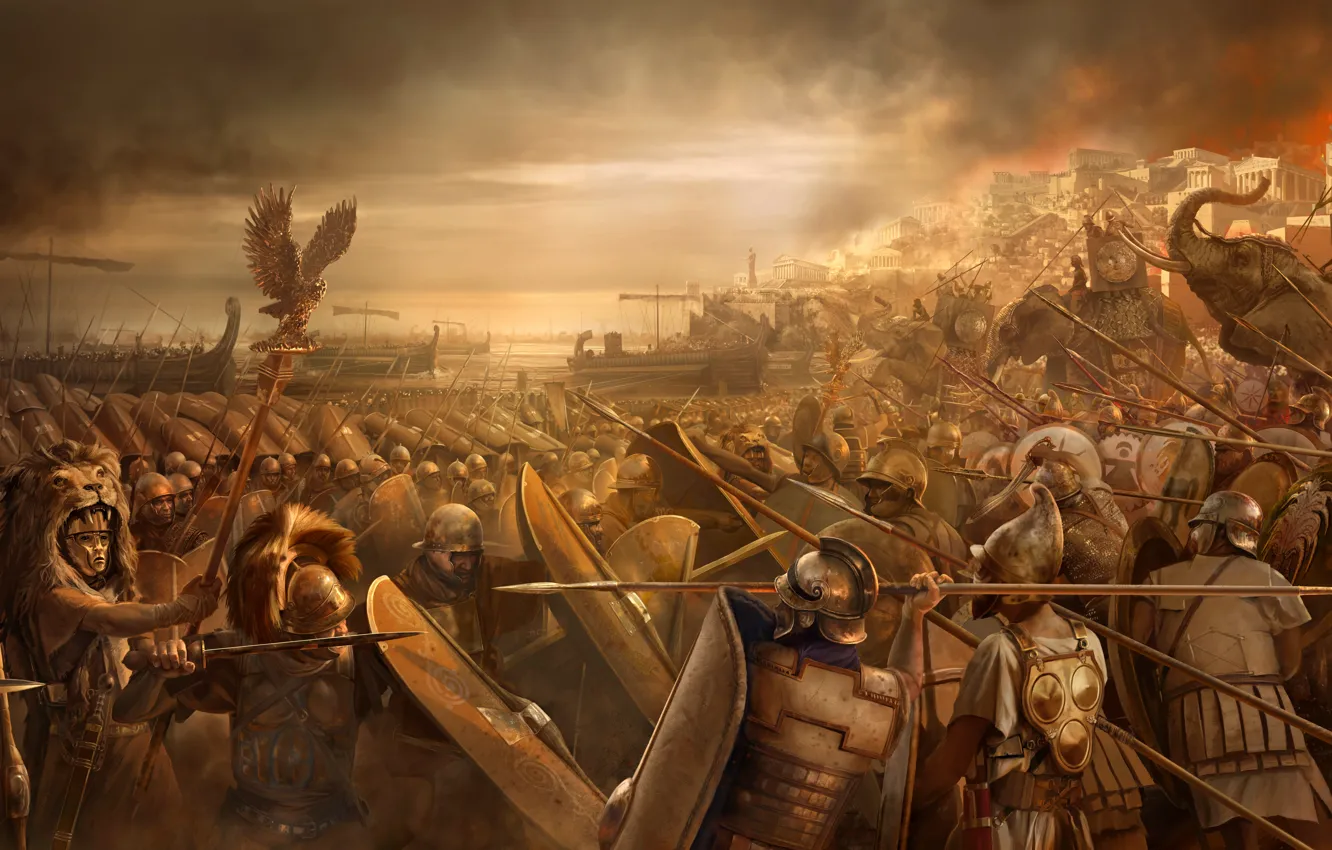Фото обои море, оружие, побережье, арт, битва, крепость, сражение, мечи