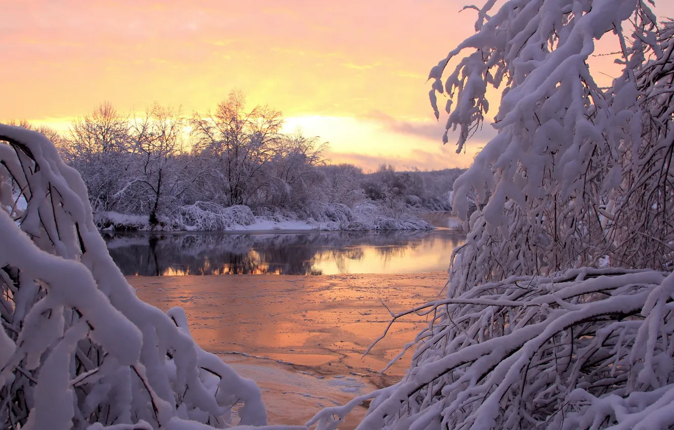 Фото обои зима, снег, закат, река