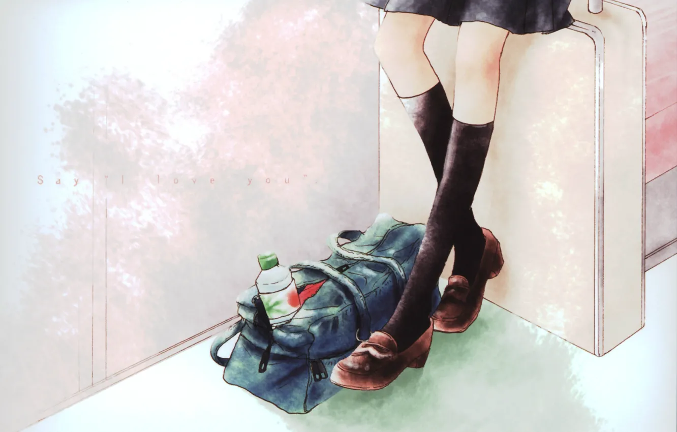 Фото обои ноги, бутылка, сумка, гольфы, art, tachibana mei, kane hazuki, say I love you