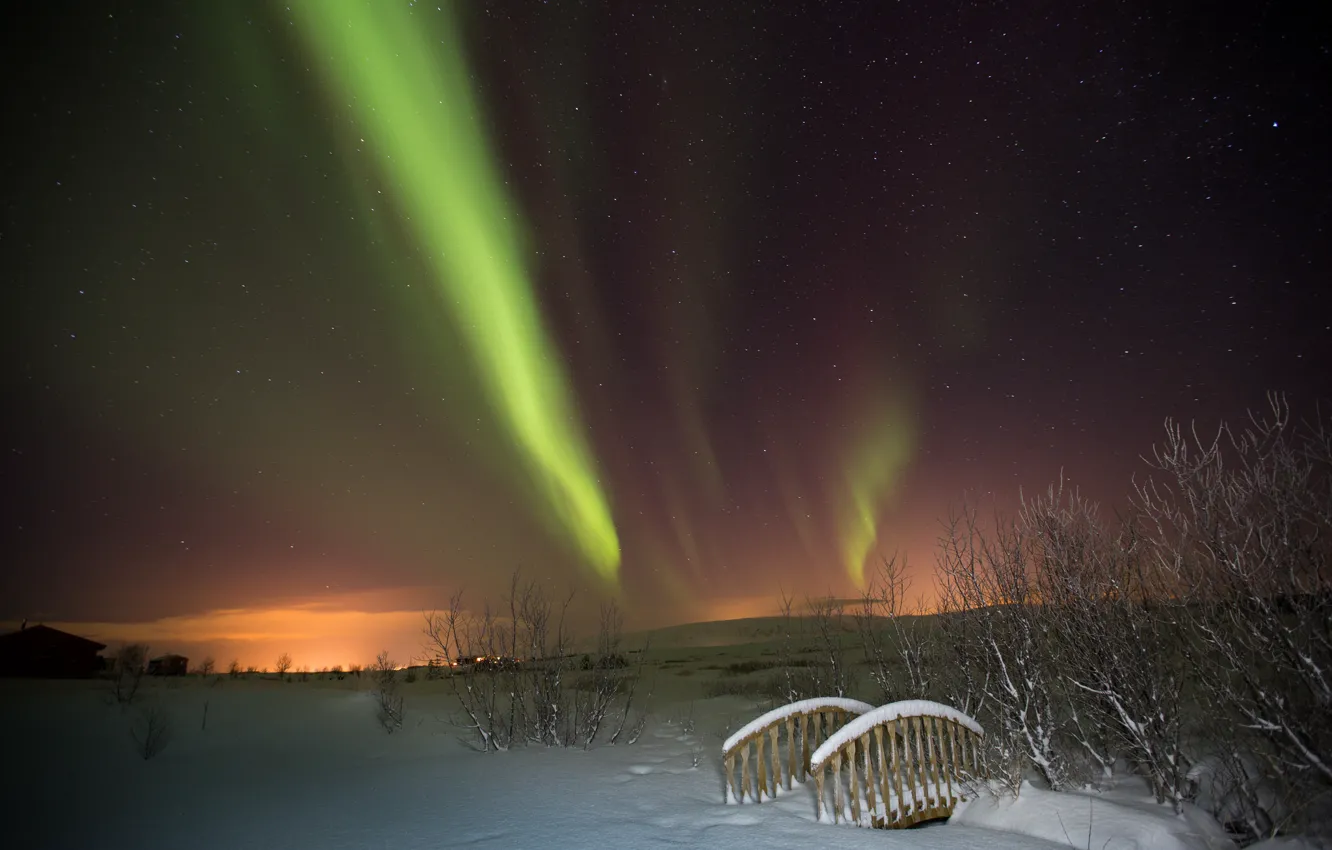 Фото обои зима, звезды, ночь, северное сияние, мостик, Aurora Borealis