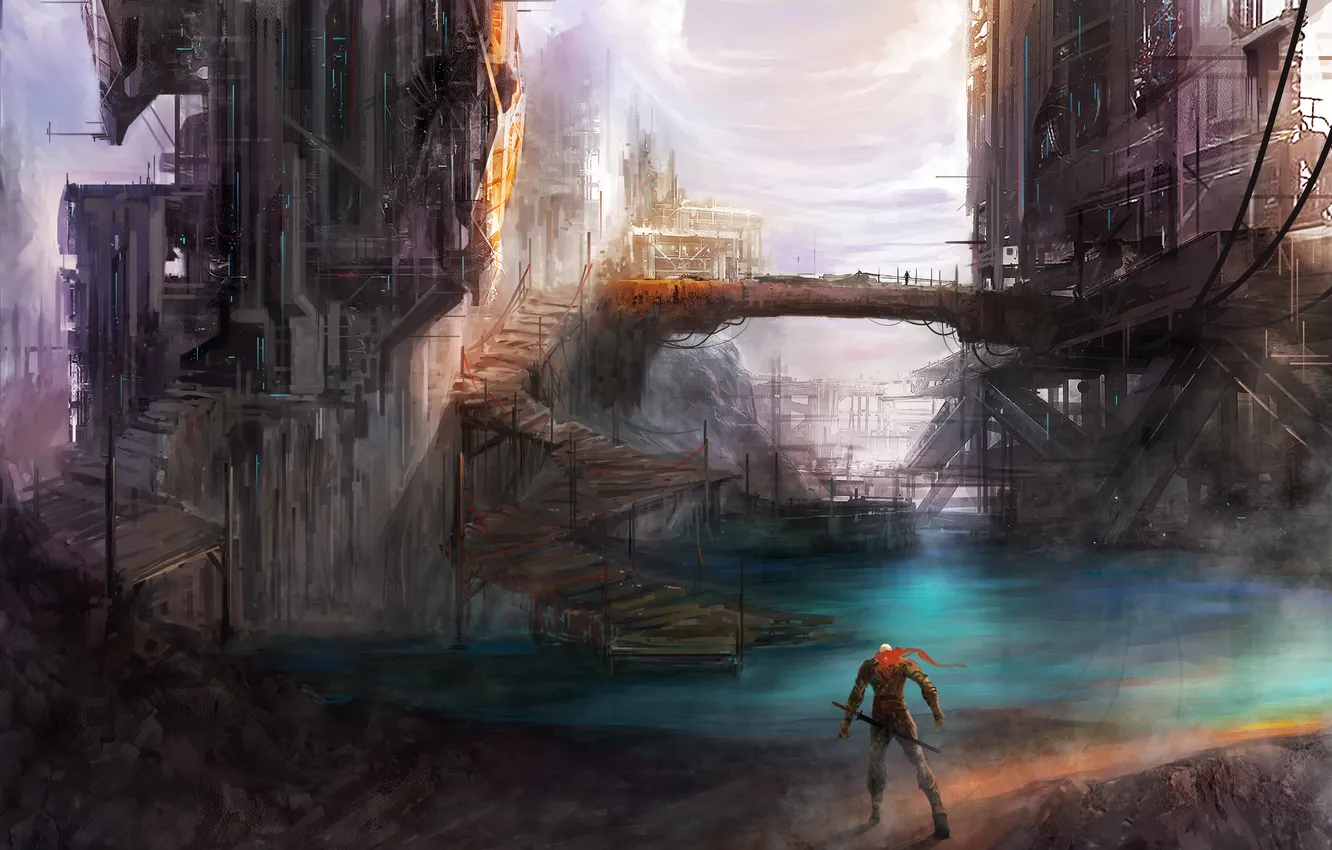 Фото обои мост, город, будущее, фантастика, человек, сооружение, арт, лестница