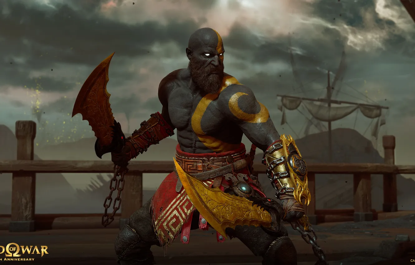 Фото обои god of war, weapon, kratos, sony, snow, blow, man, blade