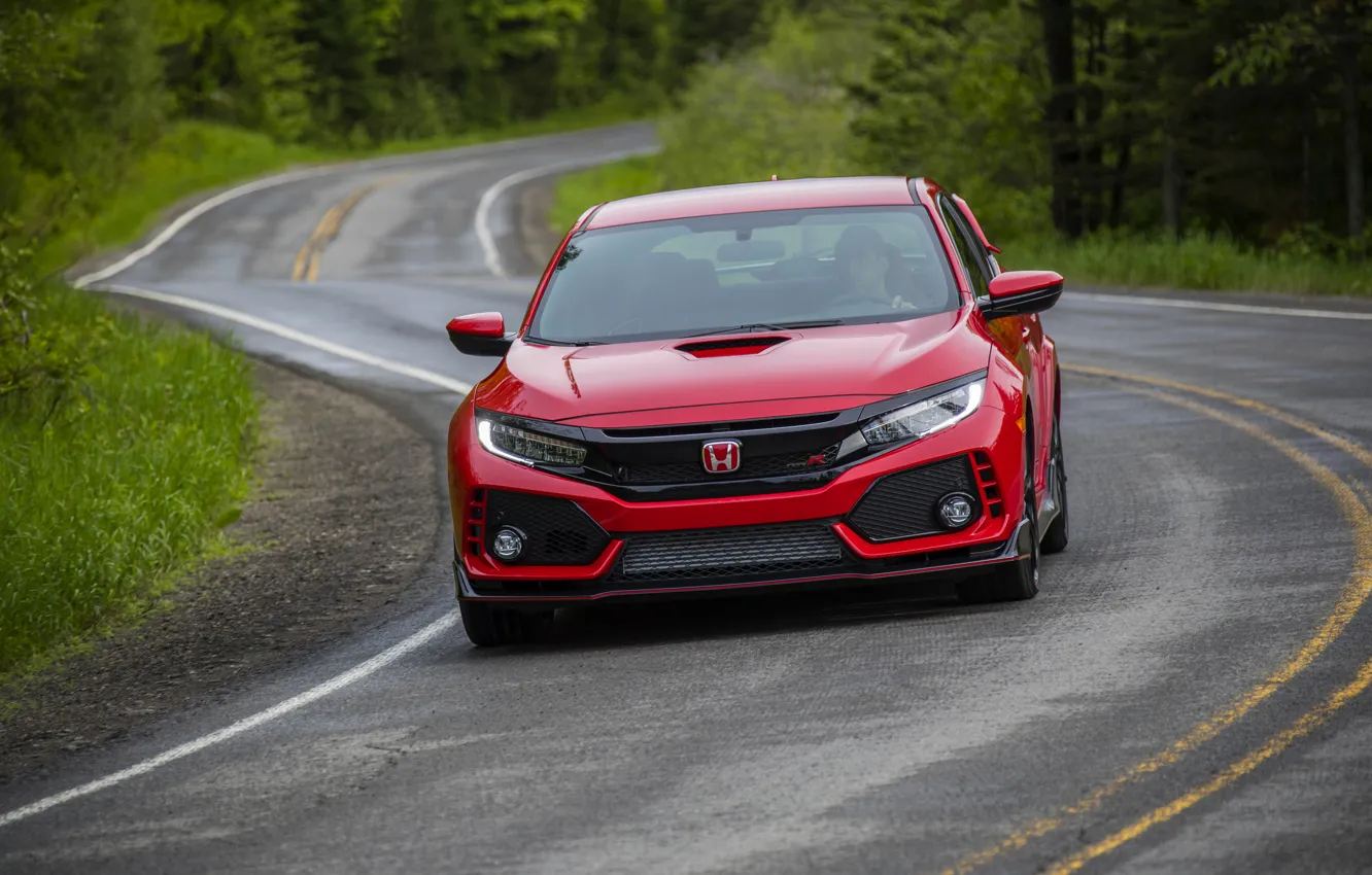Фото обои дорога, красный, Honda, вид спереди, хэтчбэк, пятидверный, 2019, Civic Type R
