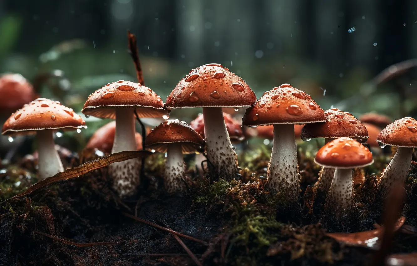 Фото обои лес, капли, темный фон, грибы, мухоморы, много, семейка, ИИ-арт