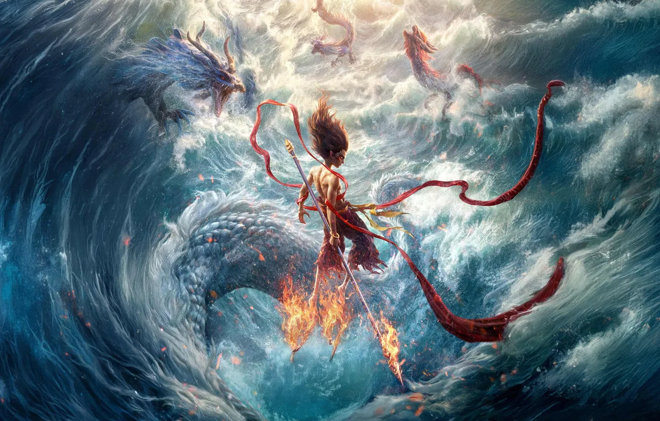 Фото обои fire, fantasy, sea, ocean, man, dragon, battle, artwork