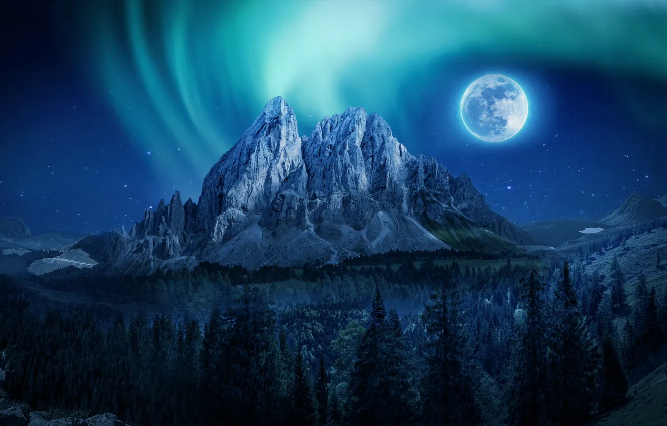 Фото обои звезды, деревья, ночь, луна, красота, северное сияние, простор, moon