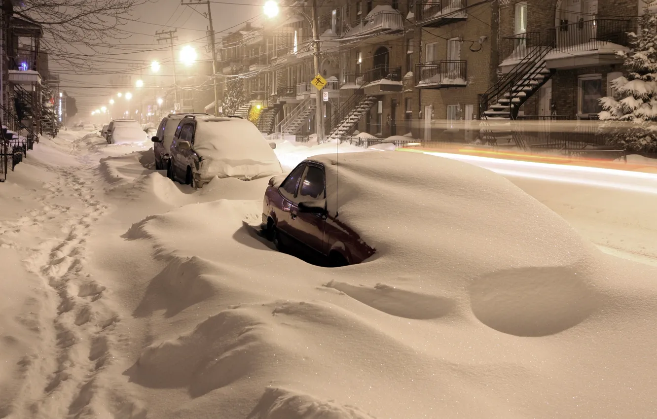 Фото обои снег, машины, ночь