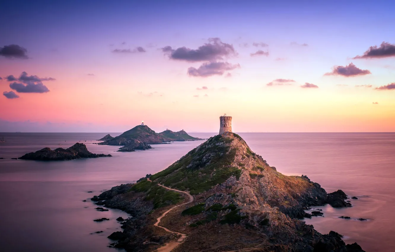 Фото обои облака, Закат, Горизонт, Sunset, Корсика, Corsica, Sanguinaires Islands, Сангвинарские острова