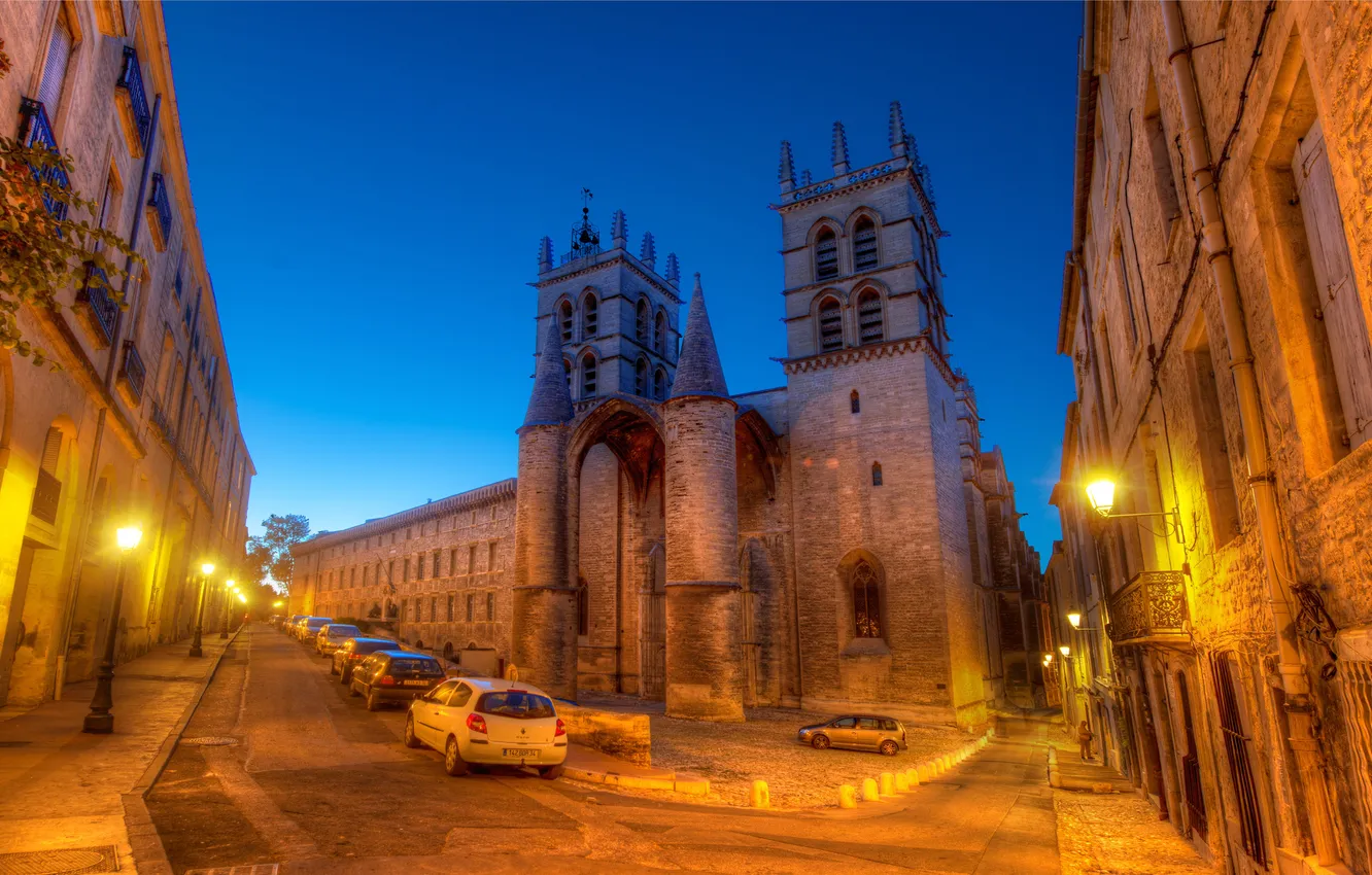 Фото обои машины, ночь, огни, France, A Dusk Walk in Montpellier