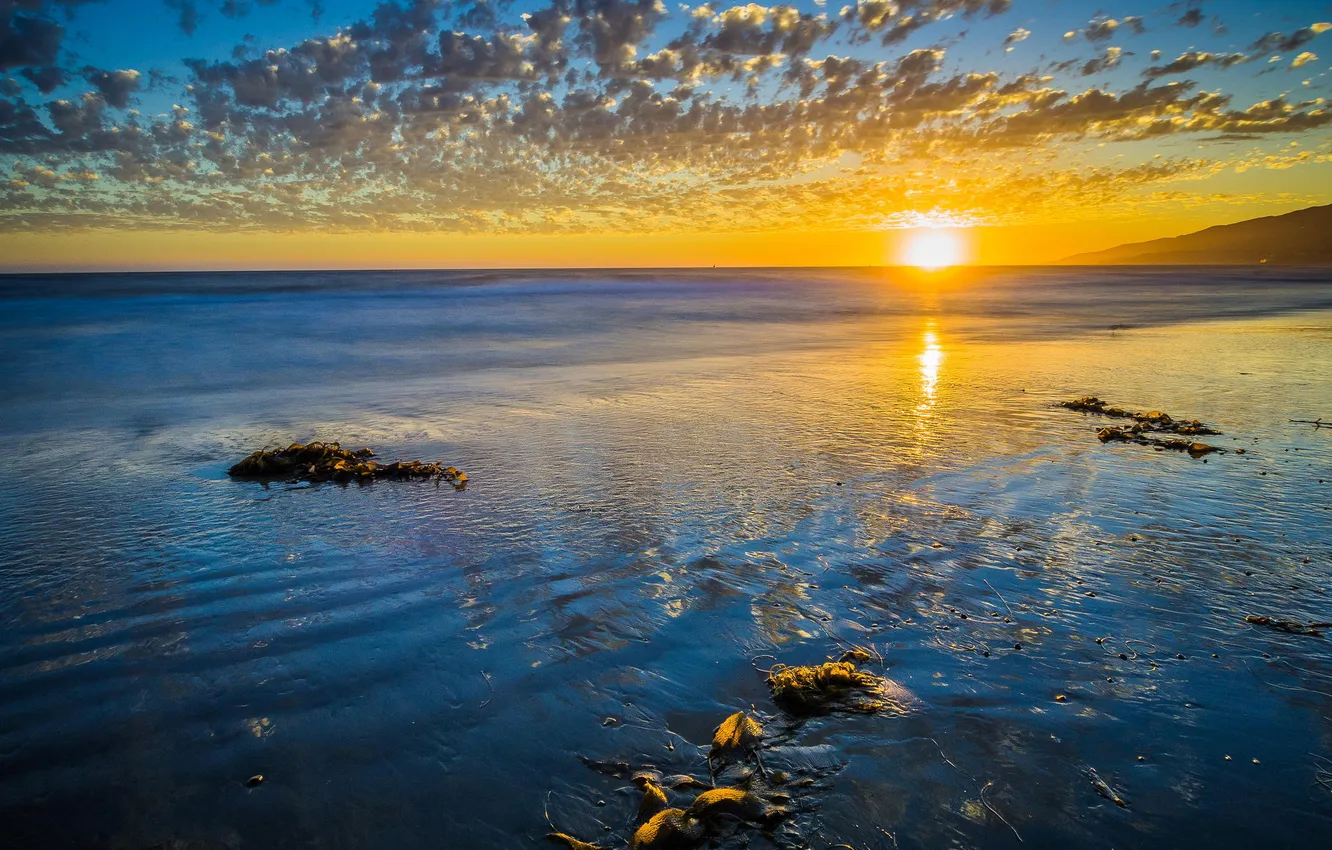 Фото обои песок, море, пляж, солнце, рассвет, горизонт