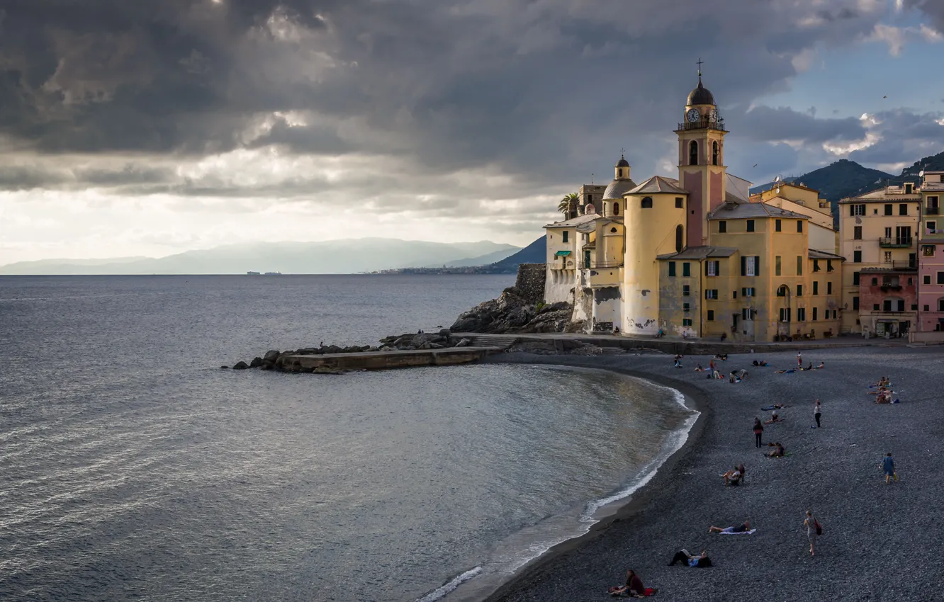 Фото обои море, пляж, берег, Италия, церковь, Italy, travel, Camogli