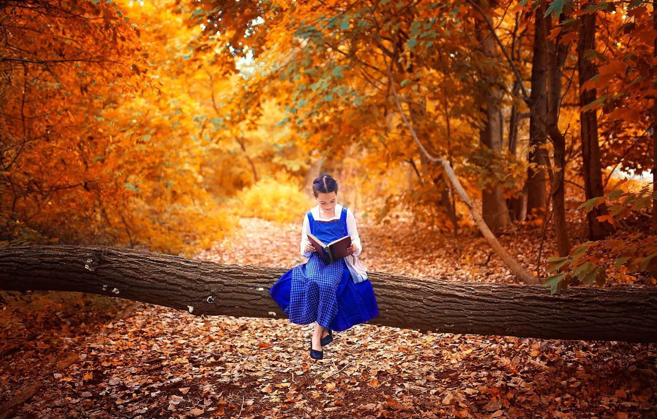 Фото обои осень, листья, парк, дерево, настроение, девочка, книга