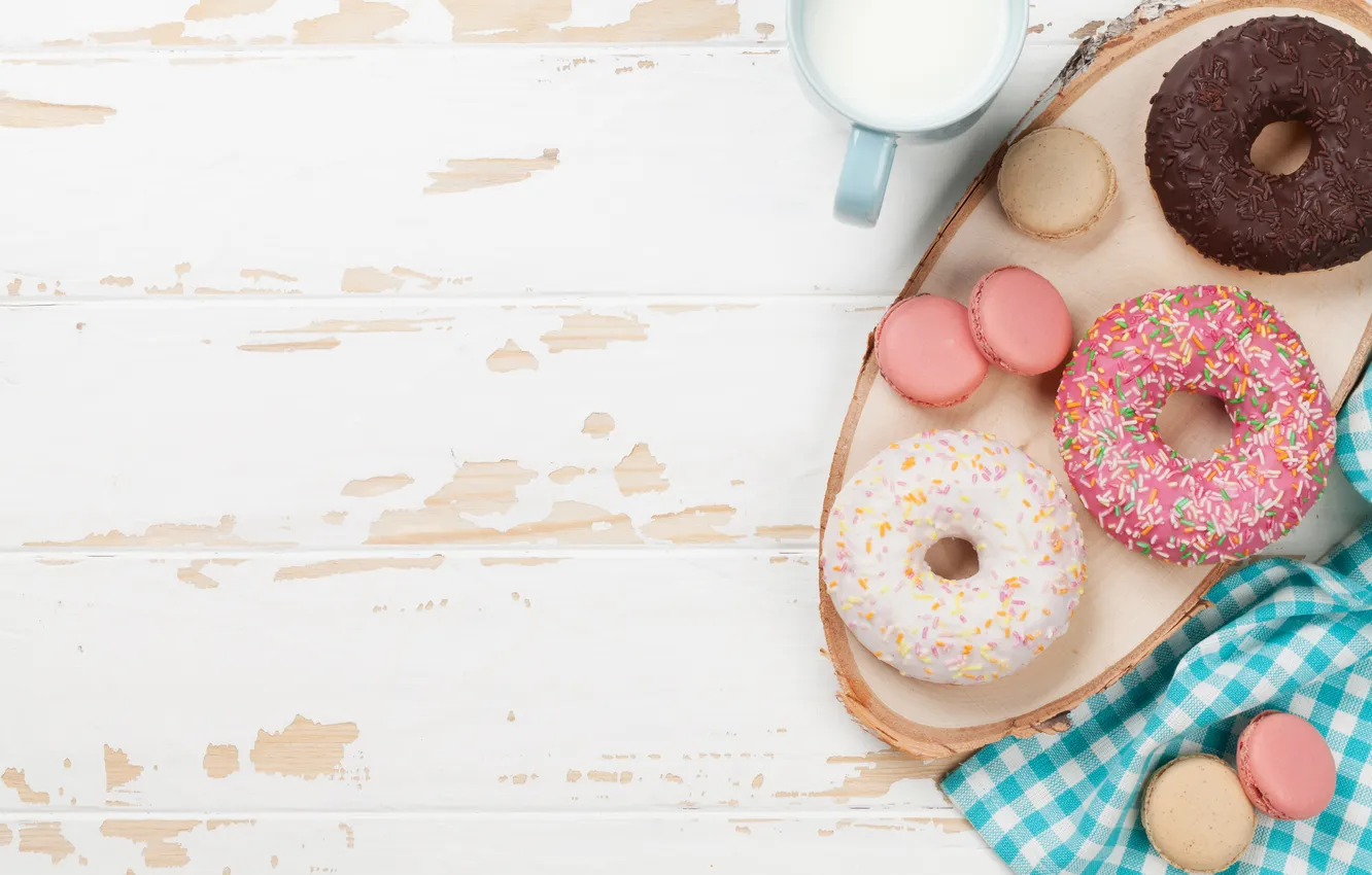 Фото обои завтрак, пончики, wood, pink, breakfast, milk, macarons, donuts