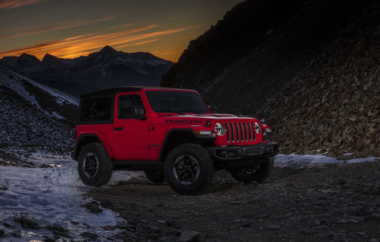 Фото обои снег, закат, горы, красный, 2018, Jeep, Wrangler Rubicon