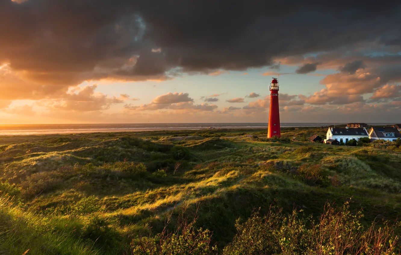 Фото обои пейзаж, закат, природа, маяк, остров, дома, Нидерланды, Схирмонниког