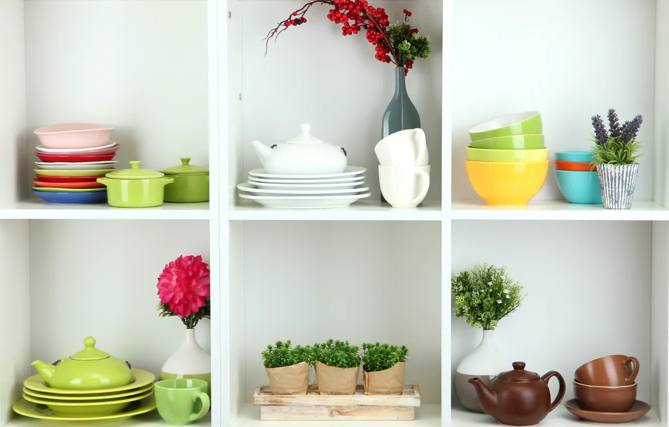 Фото обои цветы, ветки, чашки, посуда, кружки, блюдца, вазы, полки
