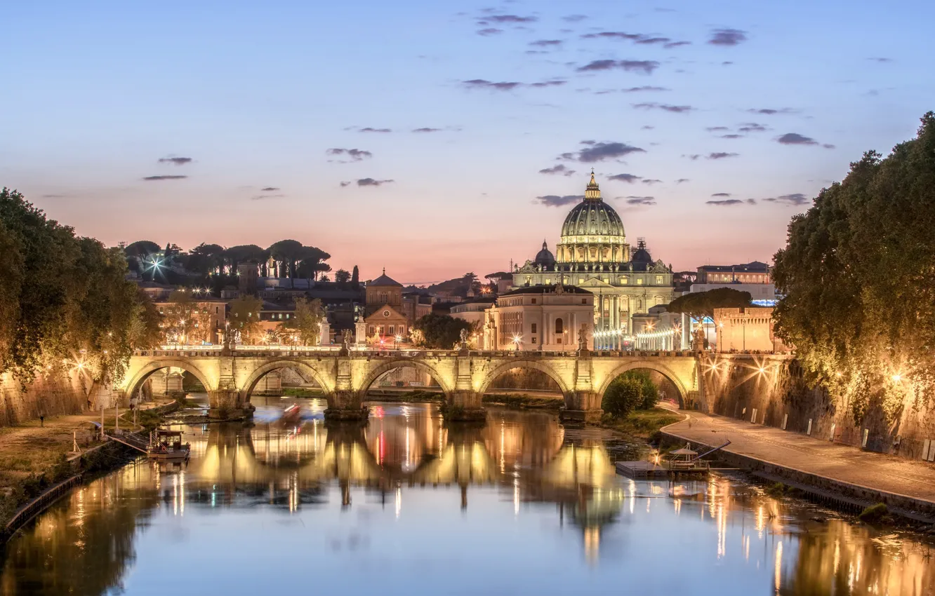 Фото обои мост, огни, река, Рим, Италия, Тибр