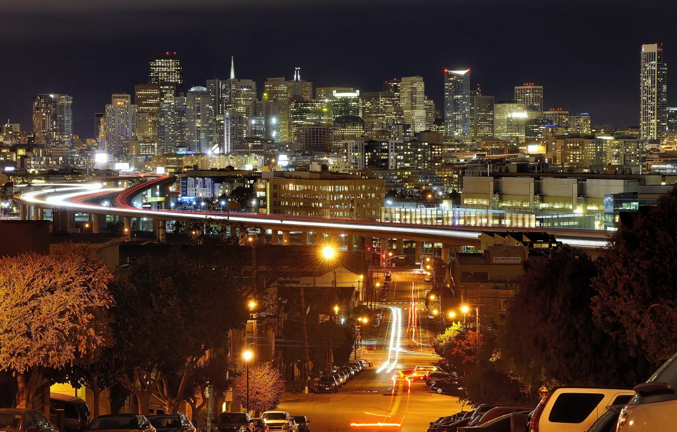 Фото обои дорога, ночь, мост, улица, дома, Калифорния, USA, США