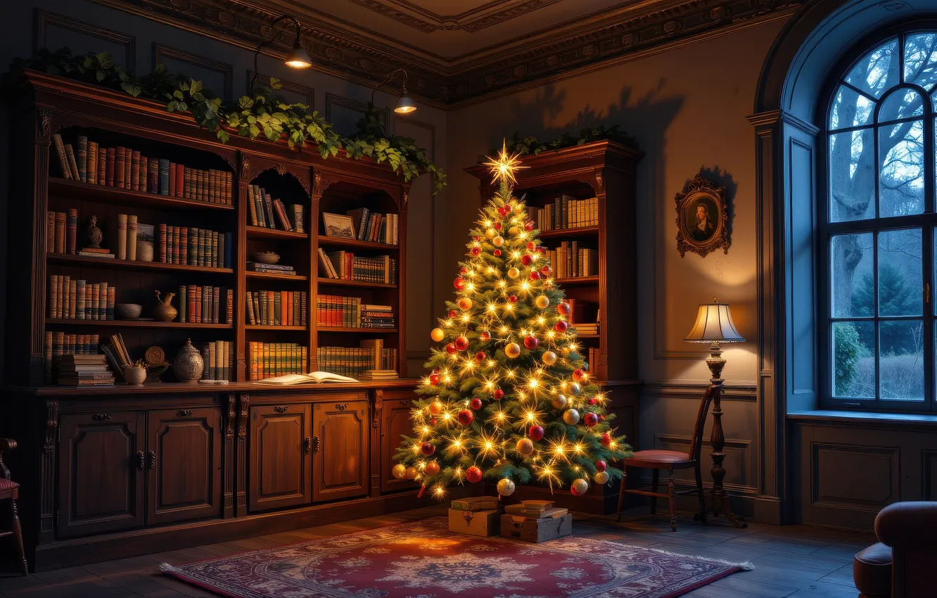 Фото обои шарики, свет, стол, комната, стена, ковер, мебель, новый год