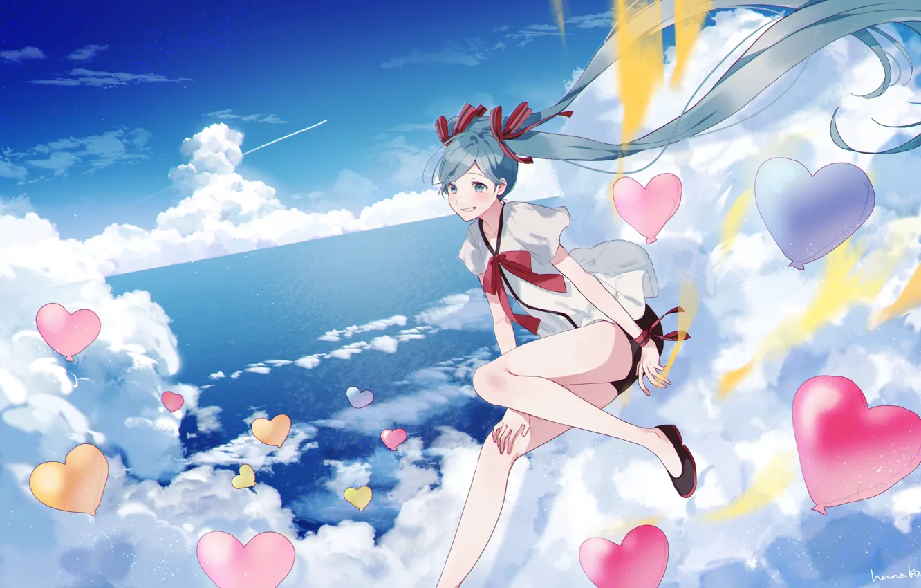 Фото обои небо, девушка, шарики, сердечки, Hatsune Miku, Vocaloid