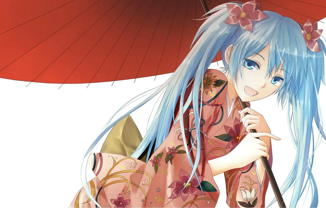 Фото обои улыбка, белый фон, кимоно, vocaloid, Hatsune Miku, вокалоид, голубые волосы, красный зонт