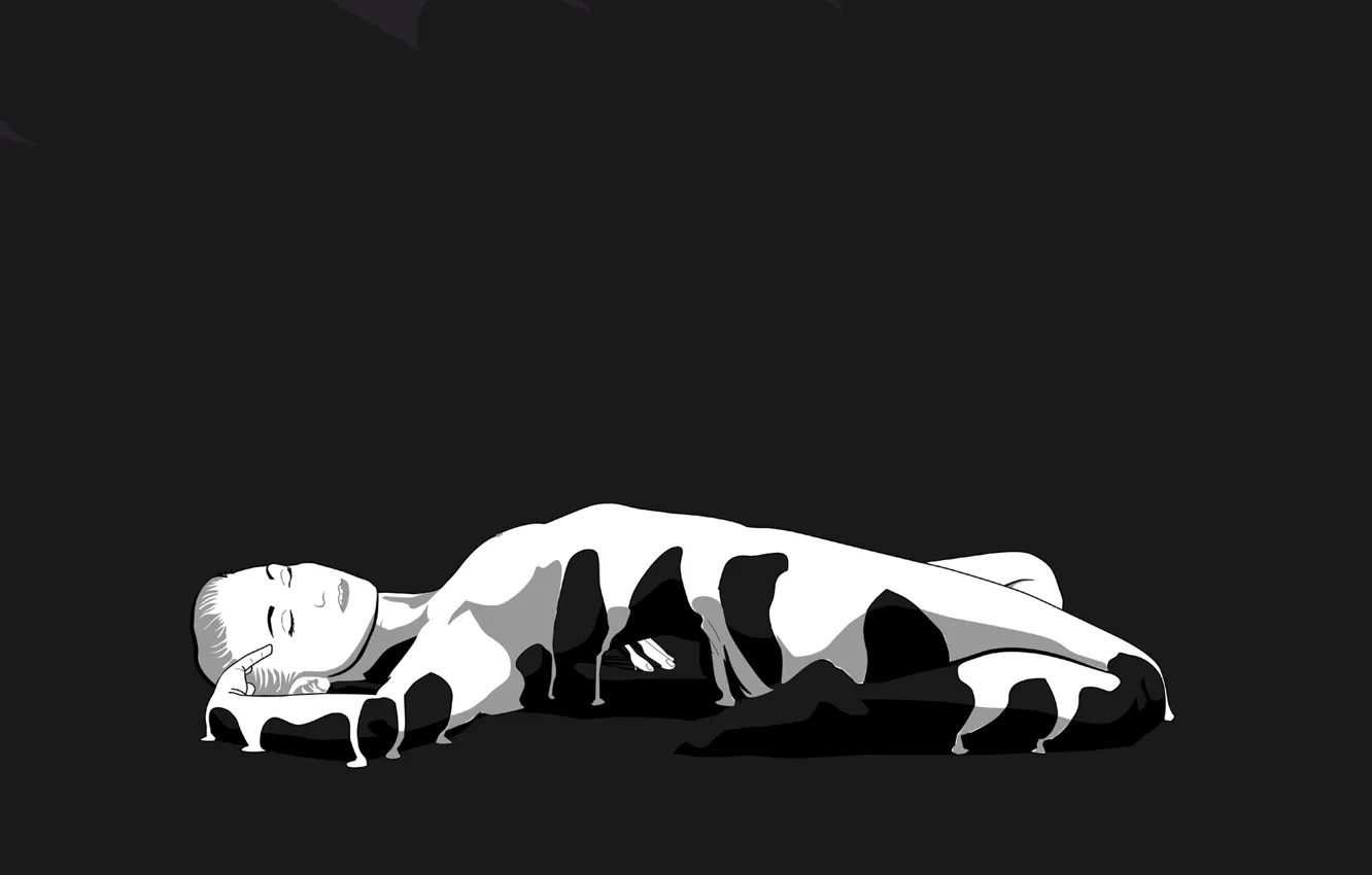 Фото обои поза, женщина, рисунок, черно-белая, серый фон, закрытые глаза, лежит на спине