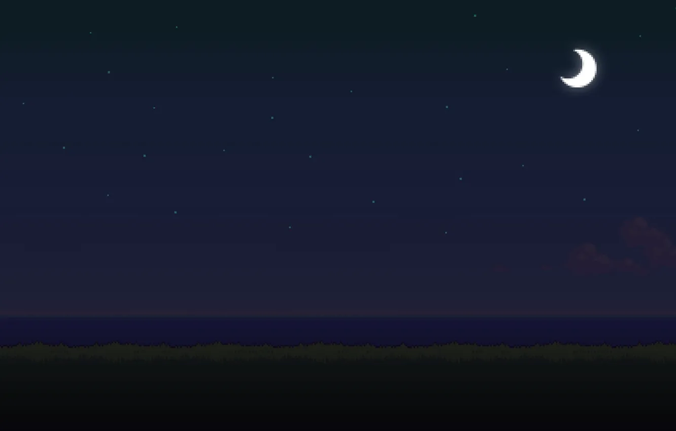 Фото обои море, трава, звезды, облака, ночь, время, луна, сутки