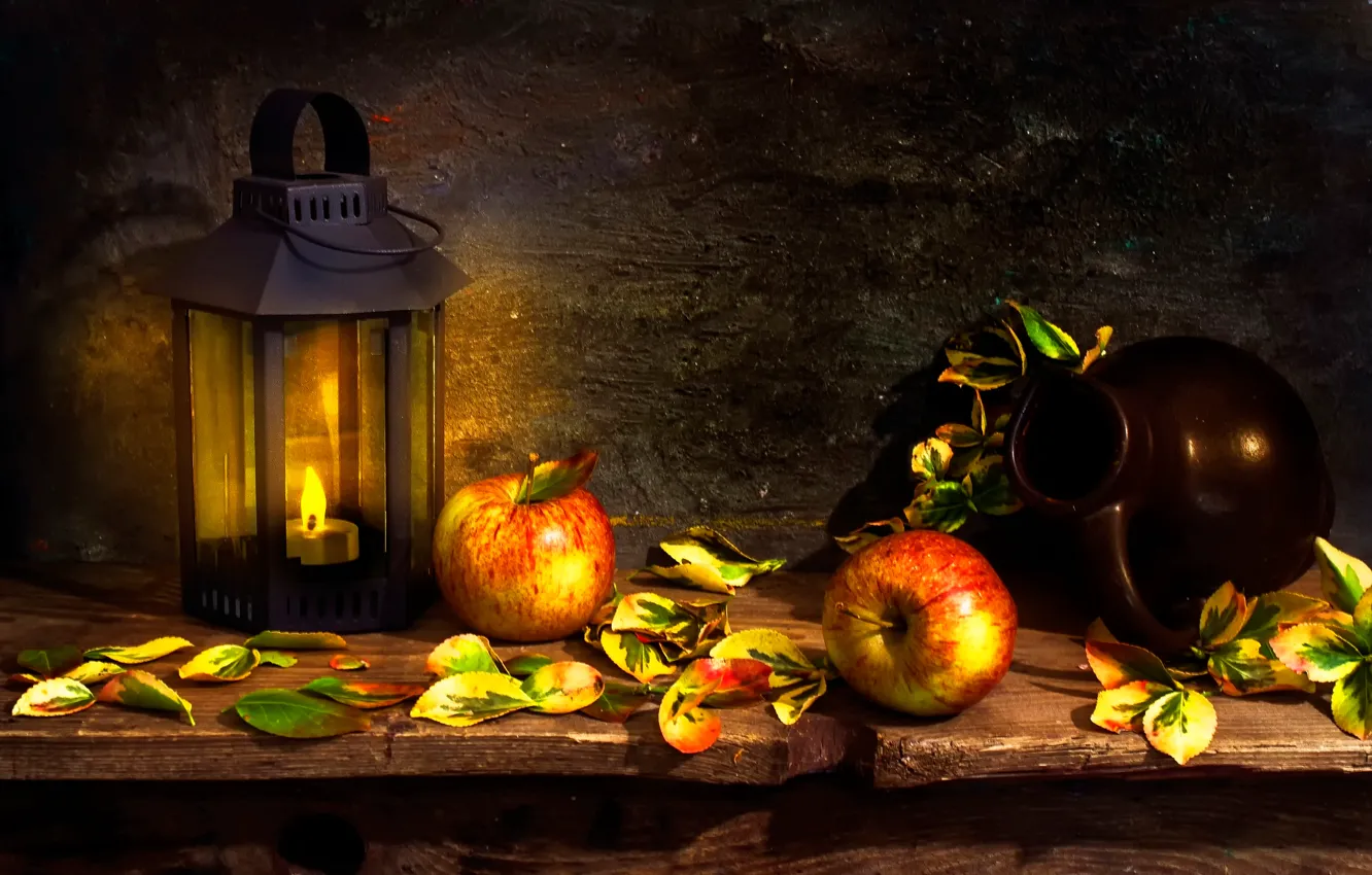 Фото обои яблоки, цвет, фонарь, кувшин, A peep at nature