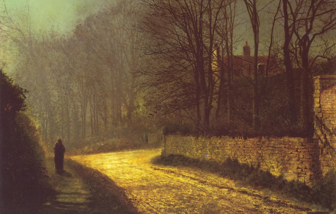 Фото обои дорога, деревья, улица, человек, картина, John Atkinson Grimshaw