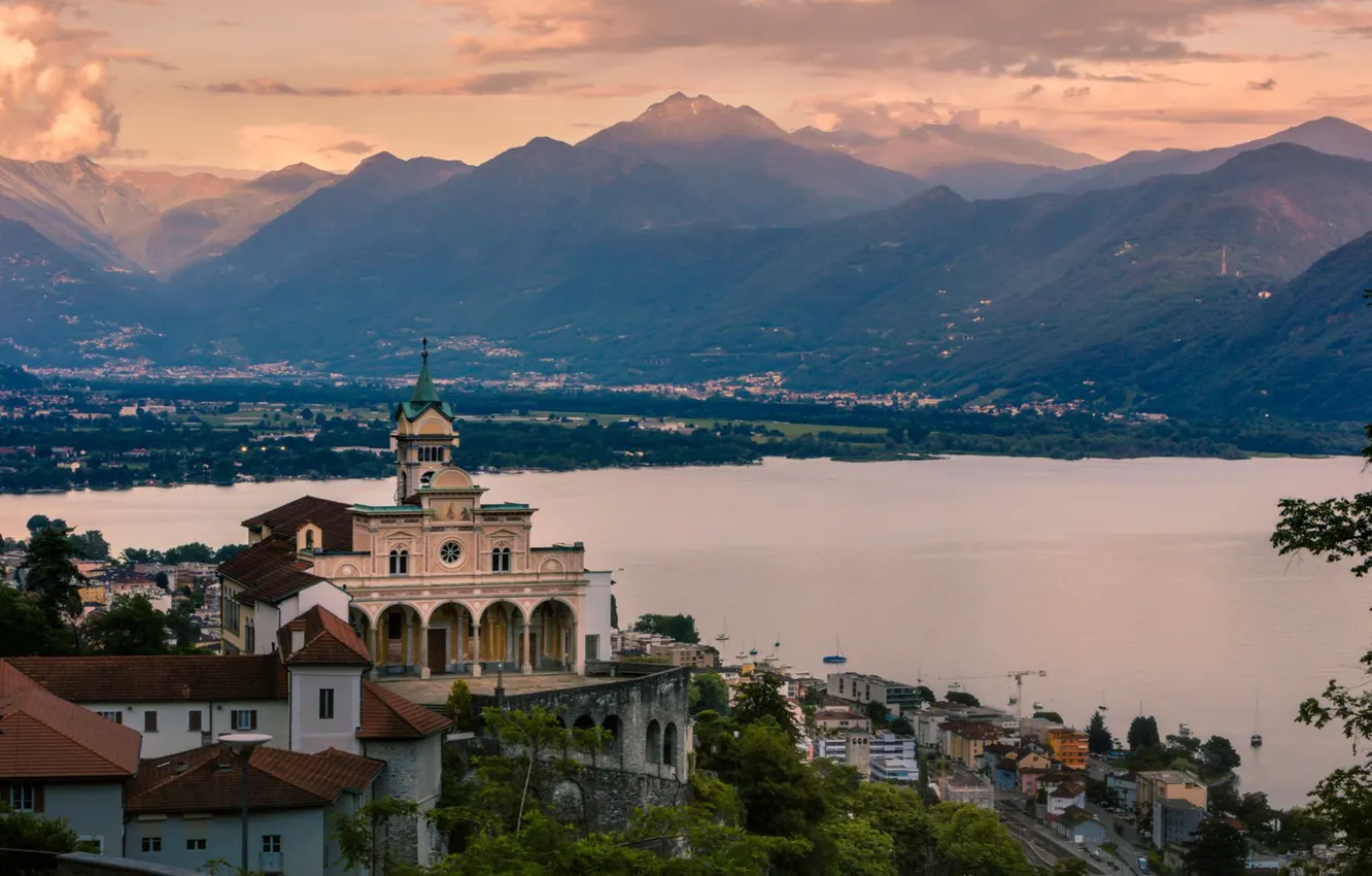 Фото обои горы, город, озеро, Швейцария, Ticino, Locarno, Обитель Мадонна-дель-Сассо, Madonna del Sasso Sanctuary