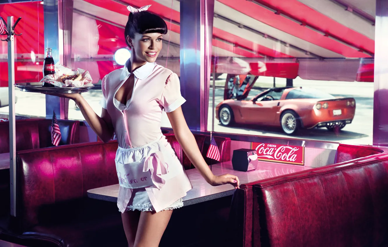 Фото обои машина, девушка, флаг, окно, кафе, официантка, кока-кола