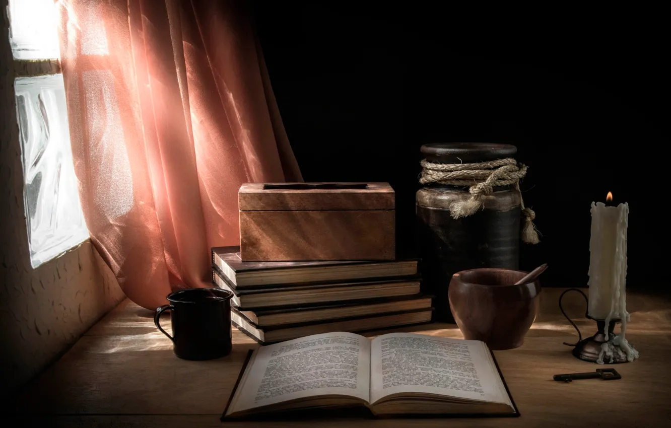 Фото обои стол, свеча, окно, книга, кувшин, ступка