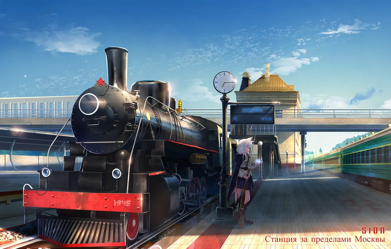 Фото обои девушка, часы, поезд, паровоз, станция