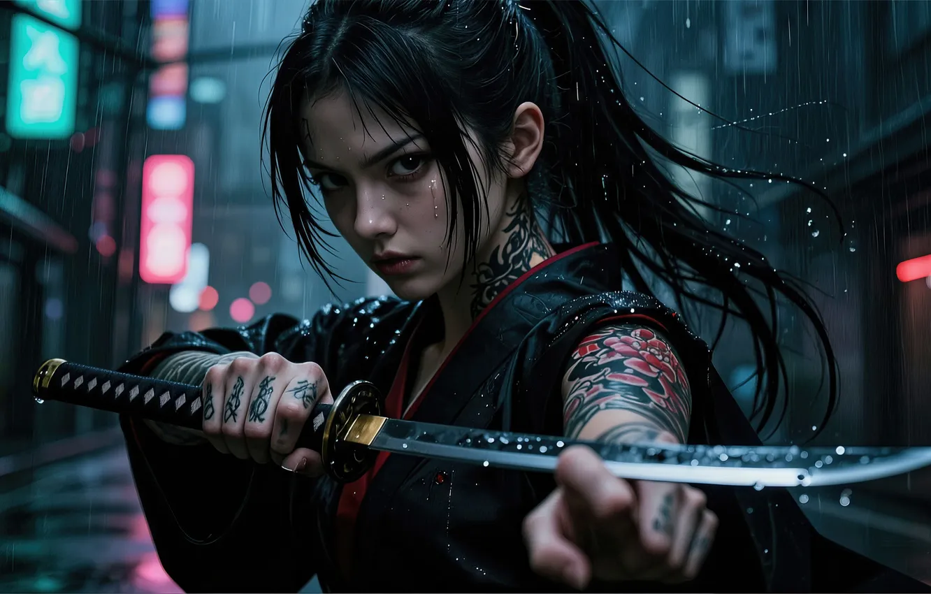 Фото обои girl, samurai, samurai katana
