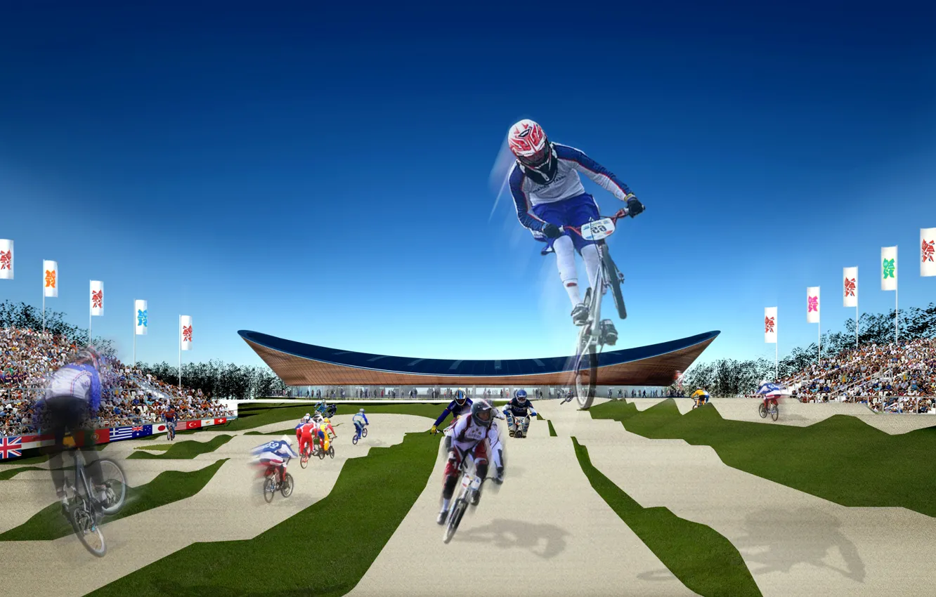 Фото обои Лондон, флаг, велосипедисты, символика, трибуны, background, Велодром, логотип летней Олимпиады 2012