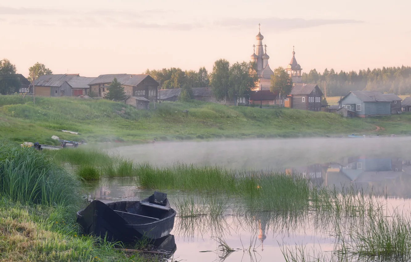 Фото обои пейзаж, церковь, Архангельская область, белая ночь, Кимжа, Максим Евдокимов